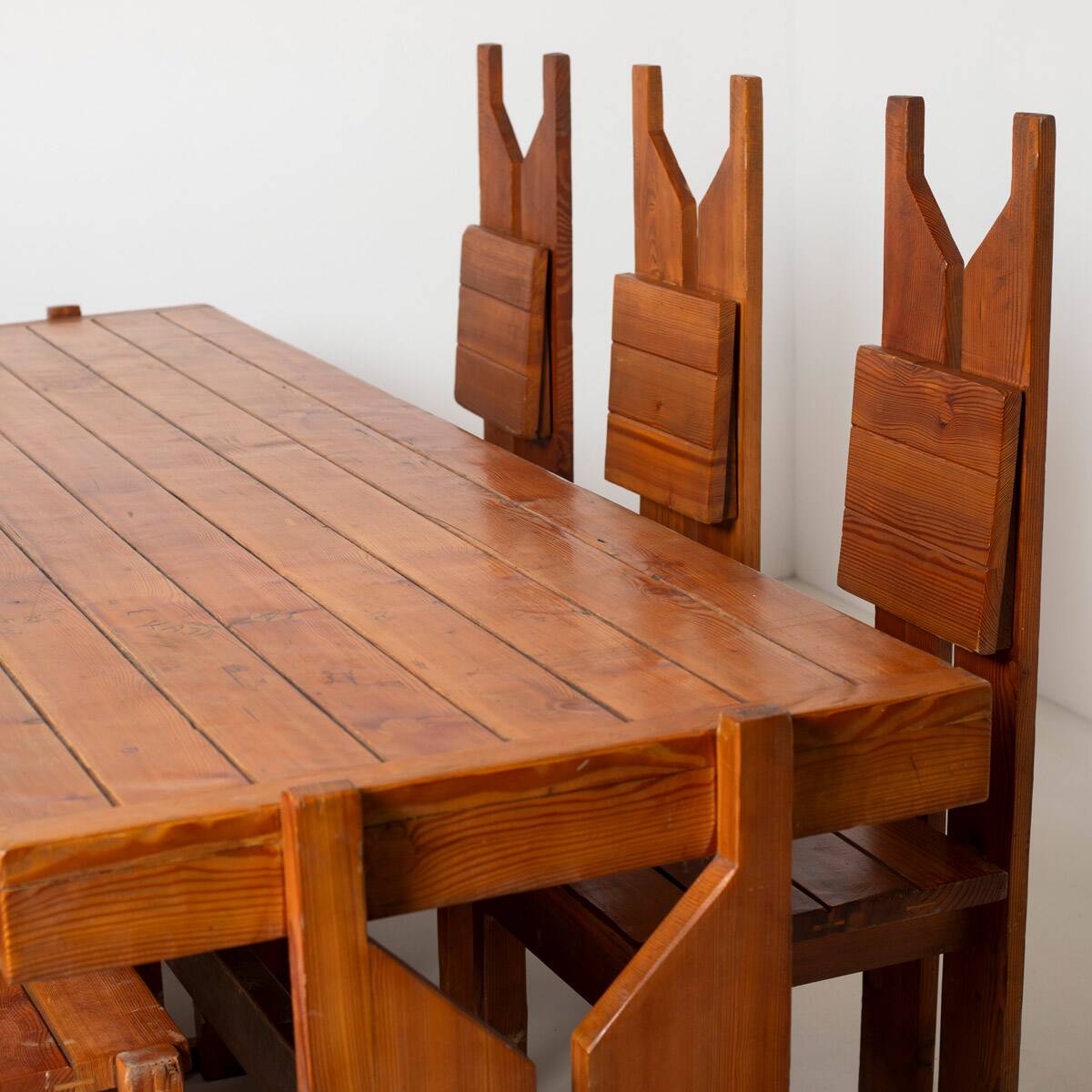 Set of large unique brutalist dining table and 6 chairs in pine, Czechoslov