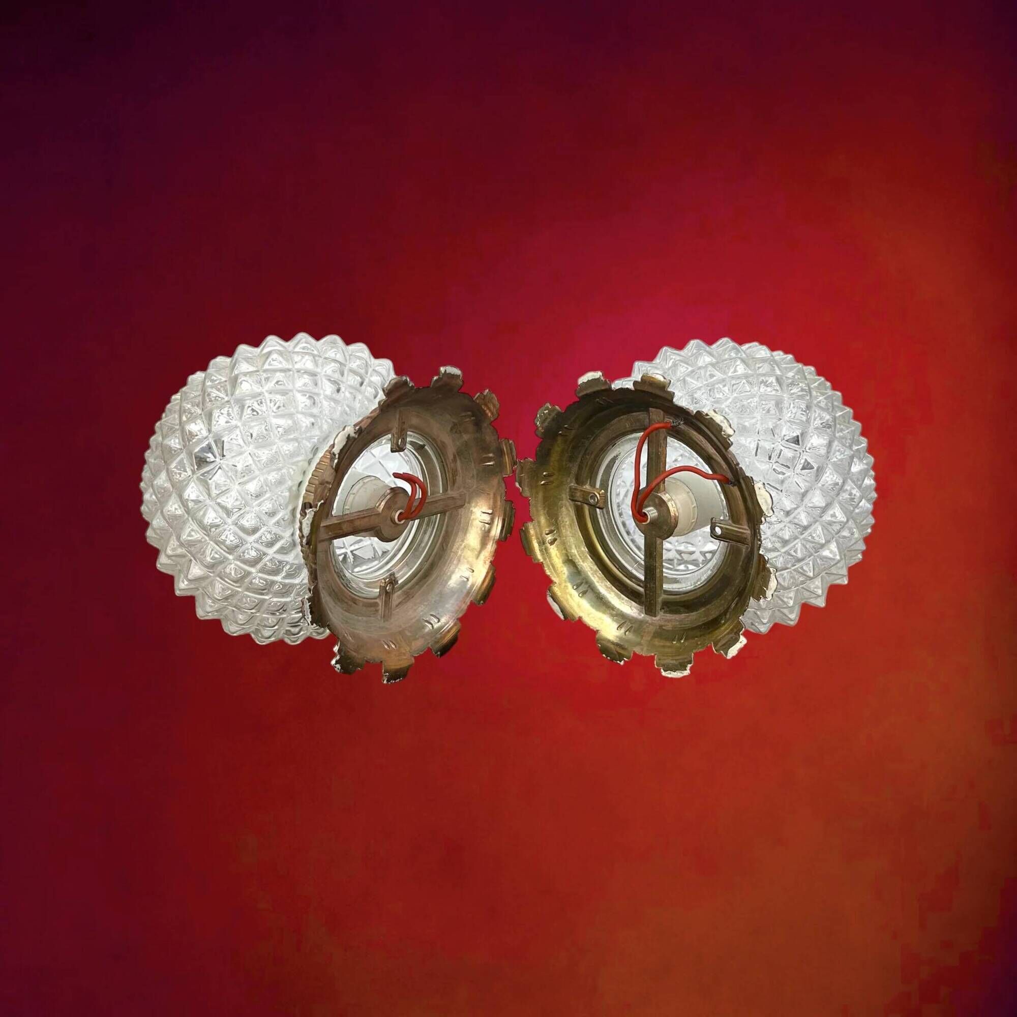 Pair of Massive Belgium ceiling lights in pressed glass and gold metal – late 1960s