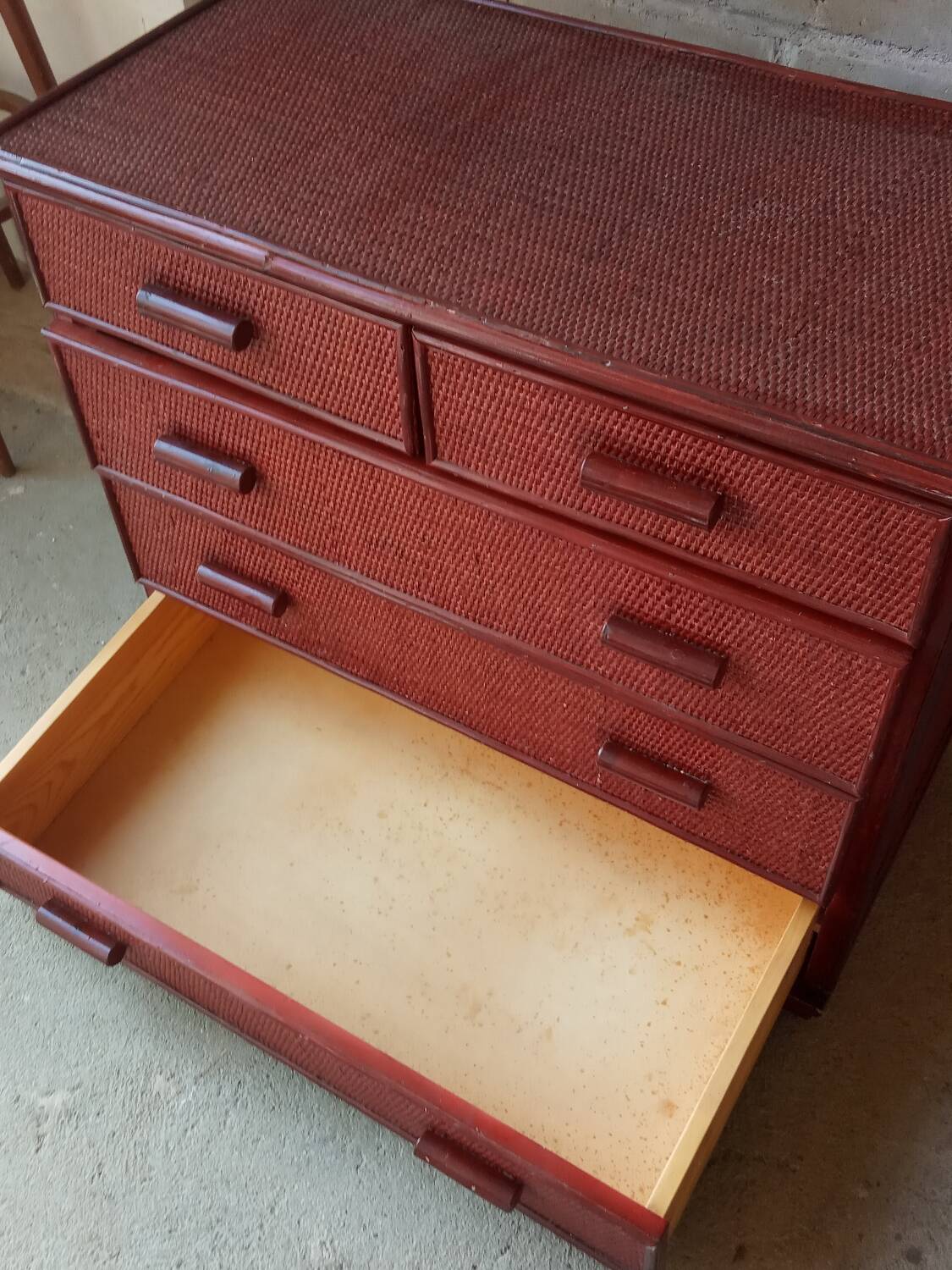 Vintage red lacquered rattan chest of drawers