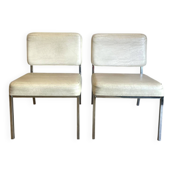 2 chaises vintage en skaï blanc et tube chromé - Design Mid-Century 70s