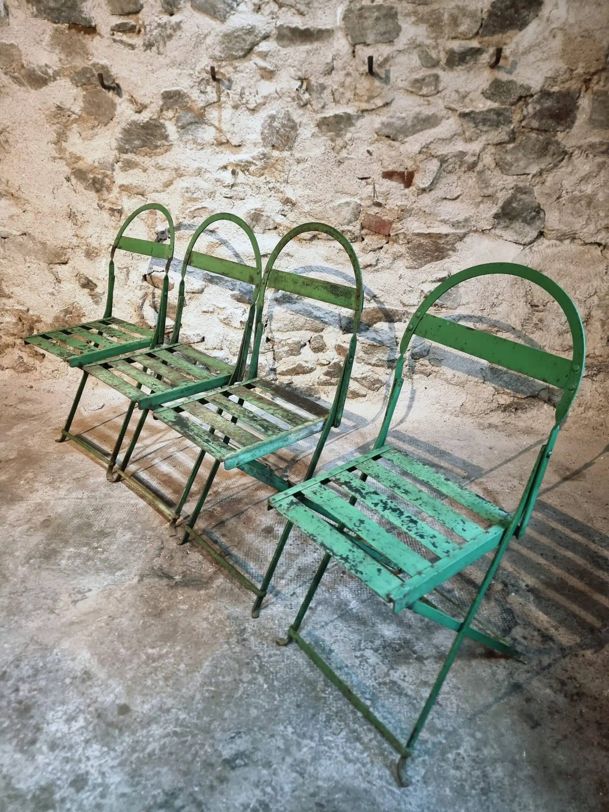 Set of 4 Antique Iron Folding Garden Chairs - 1920s Riveted Bistro Chairs with Aged Green Patina
