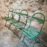 Set of 4 Antique Iron Folding Garden Chairs - 1920s Riveted Bistro Chairs with Aged Green Patina