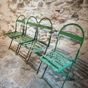 Set of 4 Antique Iron Folding Garden Chairs - 1920s Riveted Bistro Chairs with Aged Green Patina