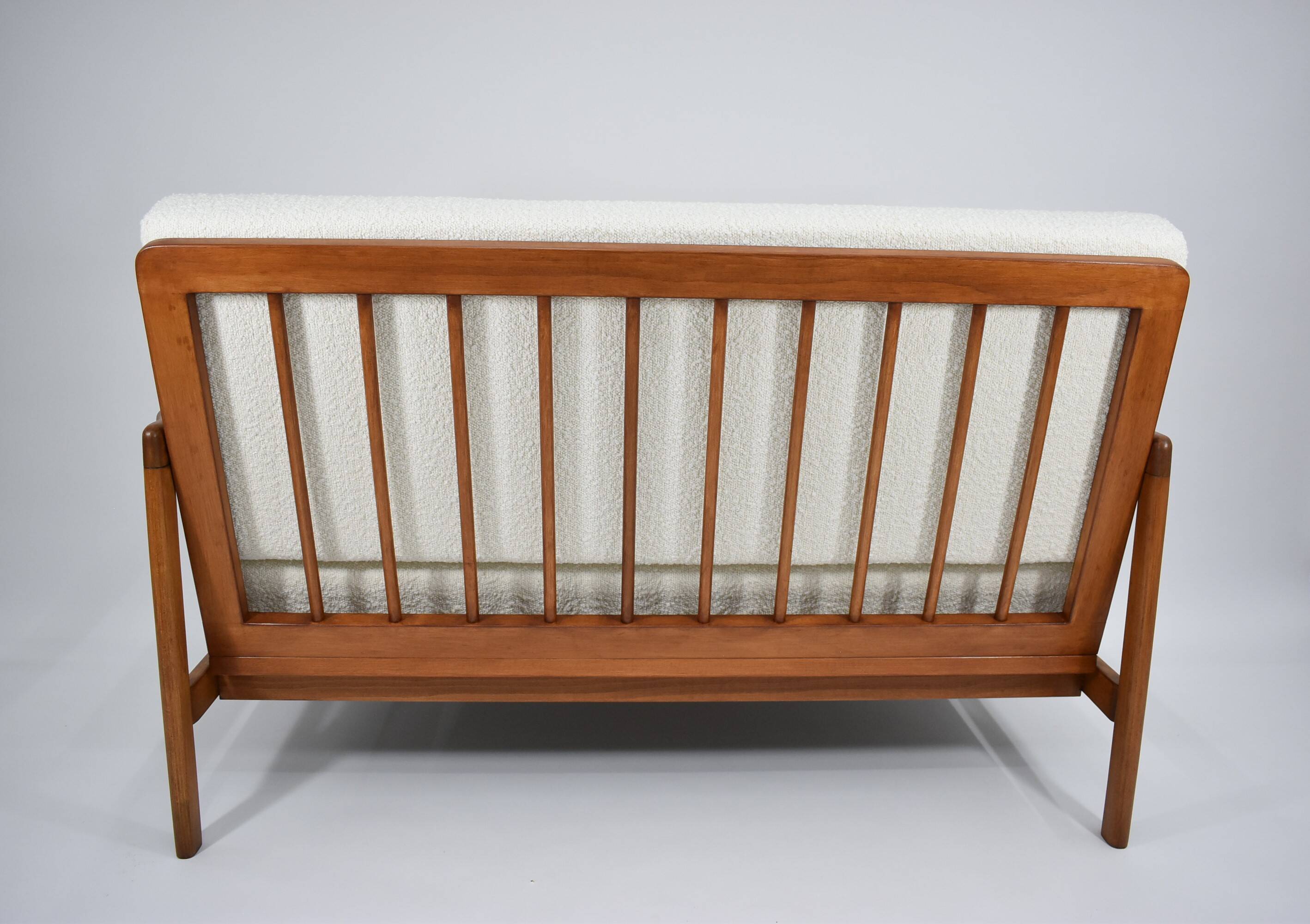 Scandinavian two-seater Sofa, 60's style, teak & white bouclé