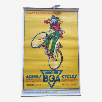 Affiche ancienne Origine BGA, armes et cycles "Chasse la concurrence" Illustrée par Martin Dupin