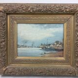 Banks of the Seine at Bercy Oil on panel 19th century signed Dupuy