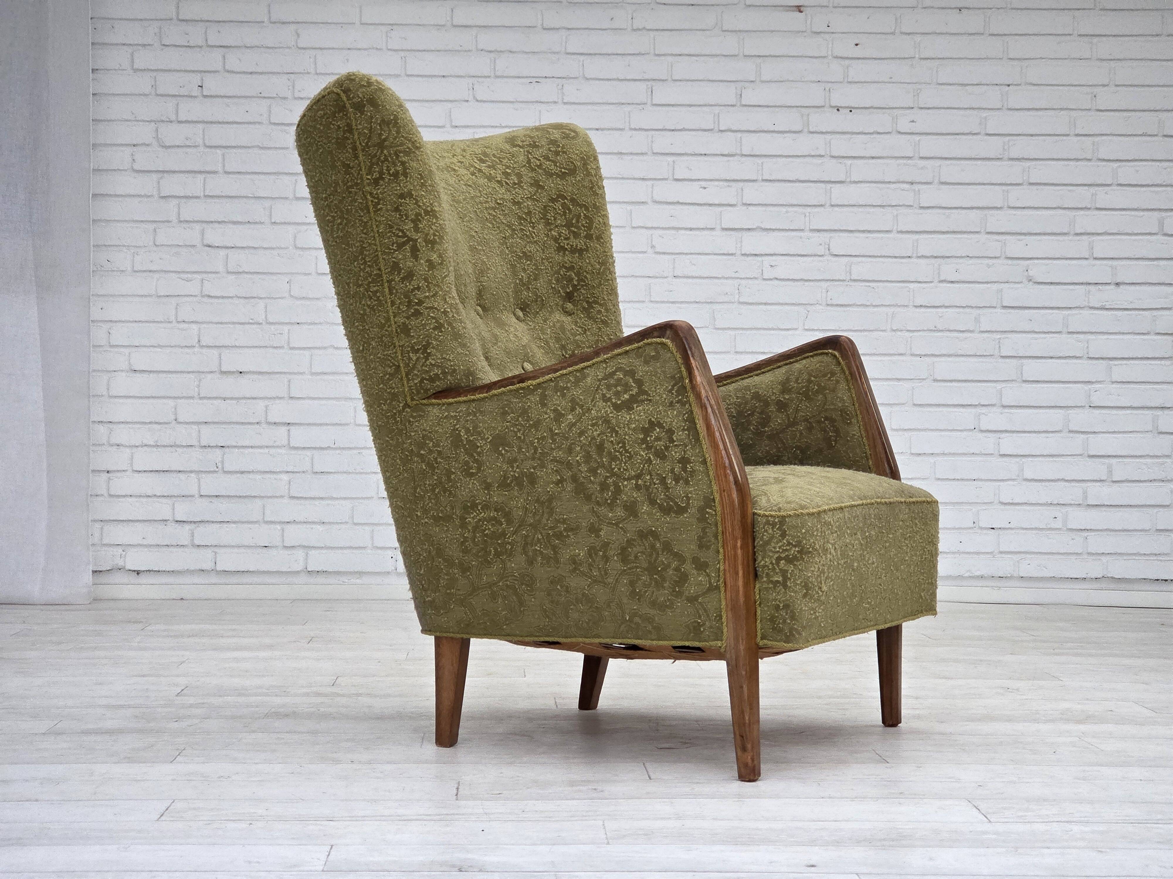 1960s, Danish armchair, original green furniture velour, ash wood