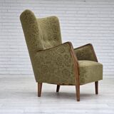1960s, Danish armchair, original green furniture velour, ash wood