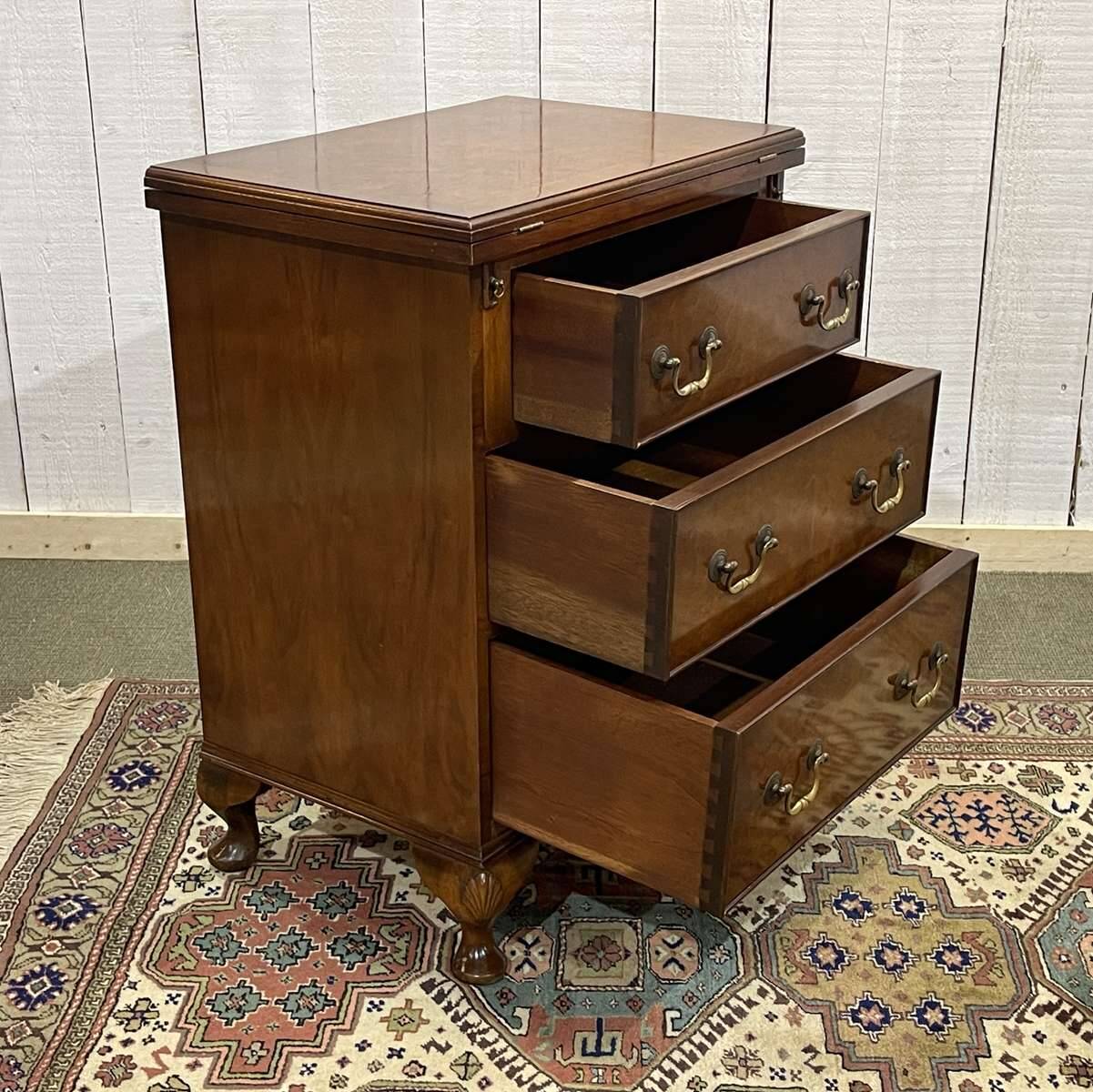 English walnut chest of drawers with drop-down top, 1950s work