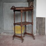 Vintage turned wood dessert trolley, wheeled table with removable top.