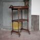Vintage turned wood dessert trolley, wheeled table with removable top.