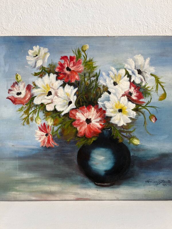 Peinture ancienne huile sur carton bouquet de fleurs anémones rouges et blanches 1985