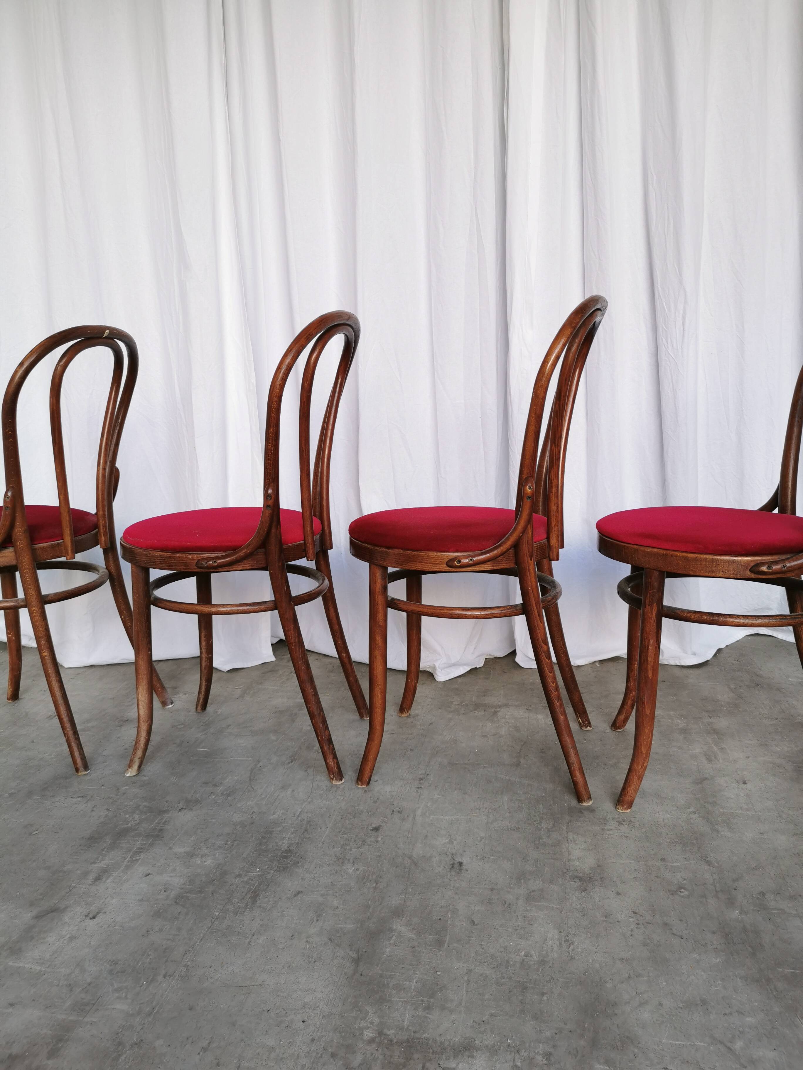 Set of 4 Vintage Bentwood Bistro Chairs, Red Upholstery