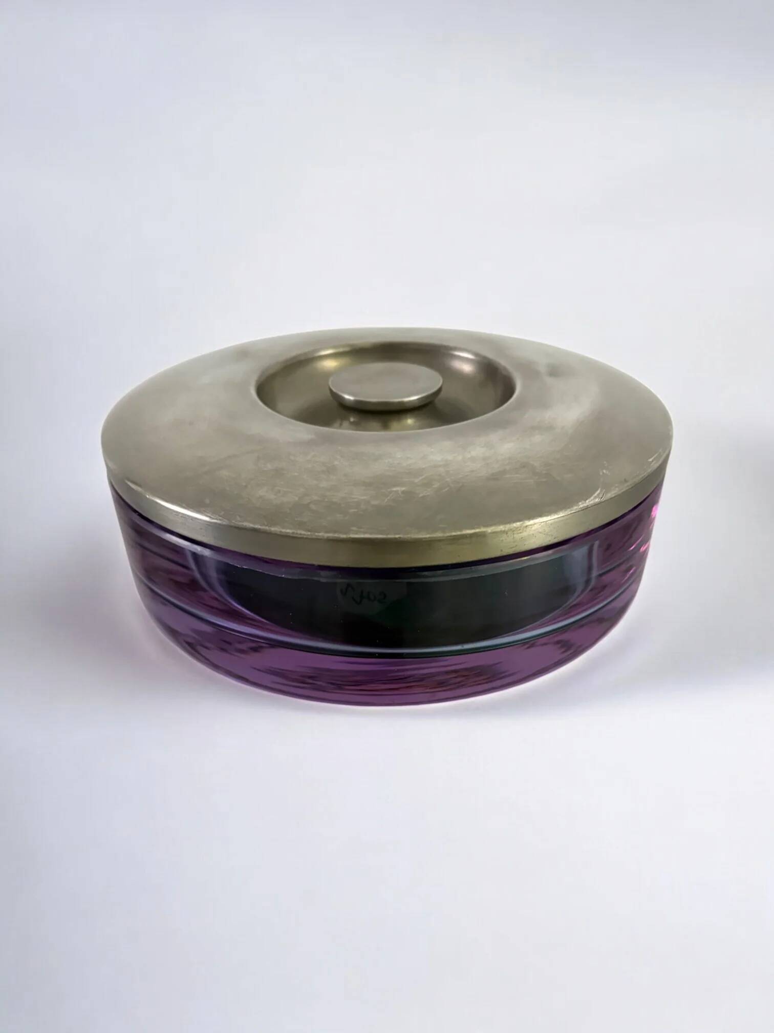 Sergio Asti purple Murano glass & inox vanity box for Arnolfo di Cambio, Italy 1970s