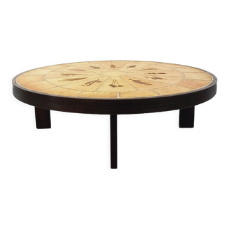 Roger Capron vintage oval coffee table in dark wood and Vallauris ceramics from the 60s 70s
