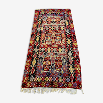 Tapis vintage turc kilim 340x174 cm laine kelim tapis grand rouge, noir, or, coloré