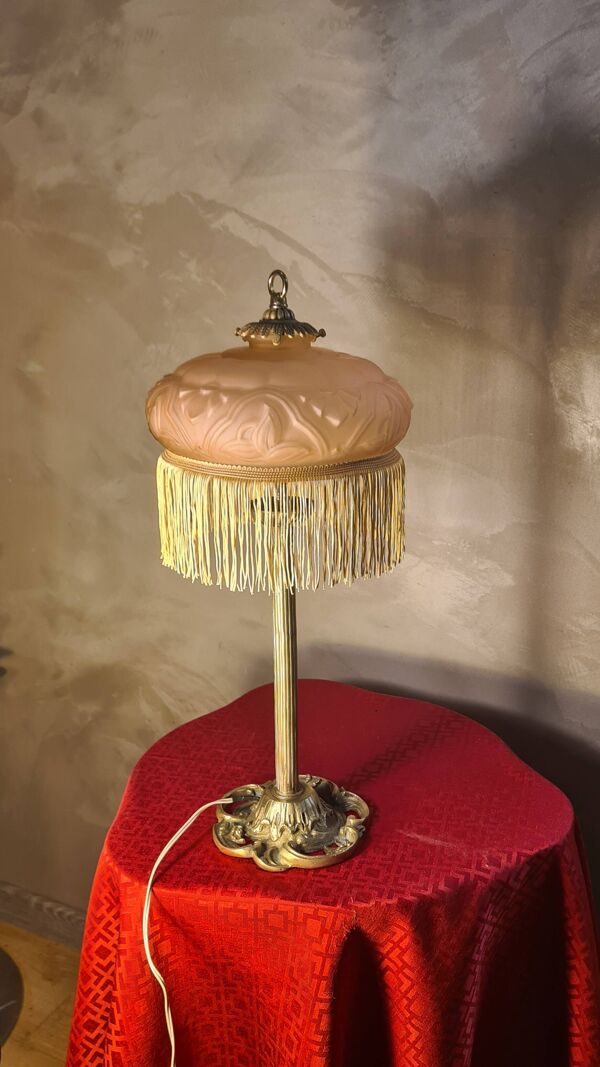 Lampe bronze ancienne abat jour pate de verre rose marbré 51x21. Inter a l