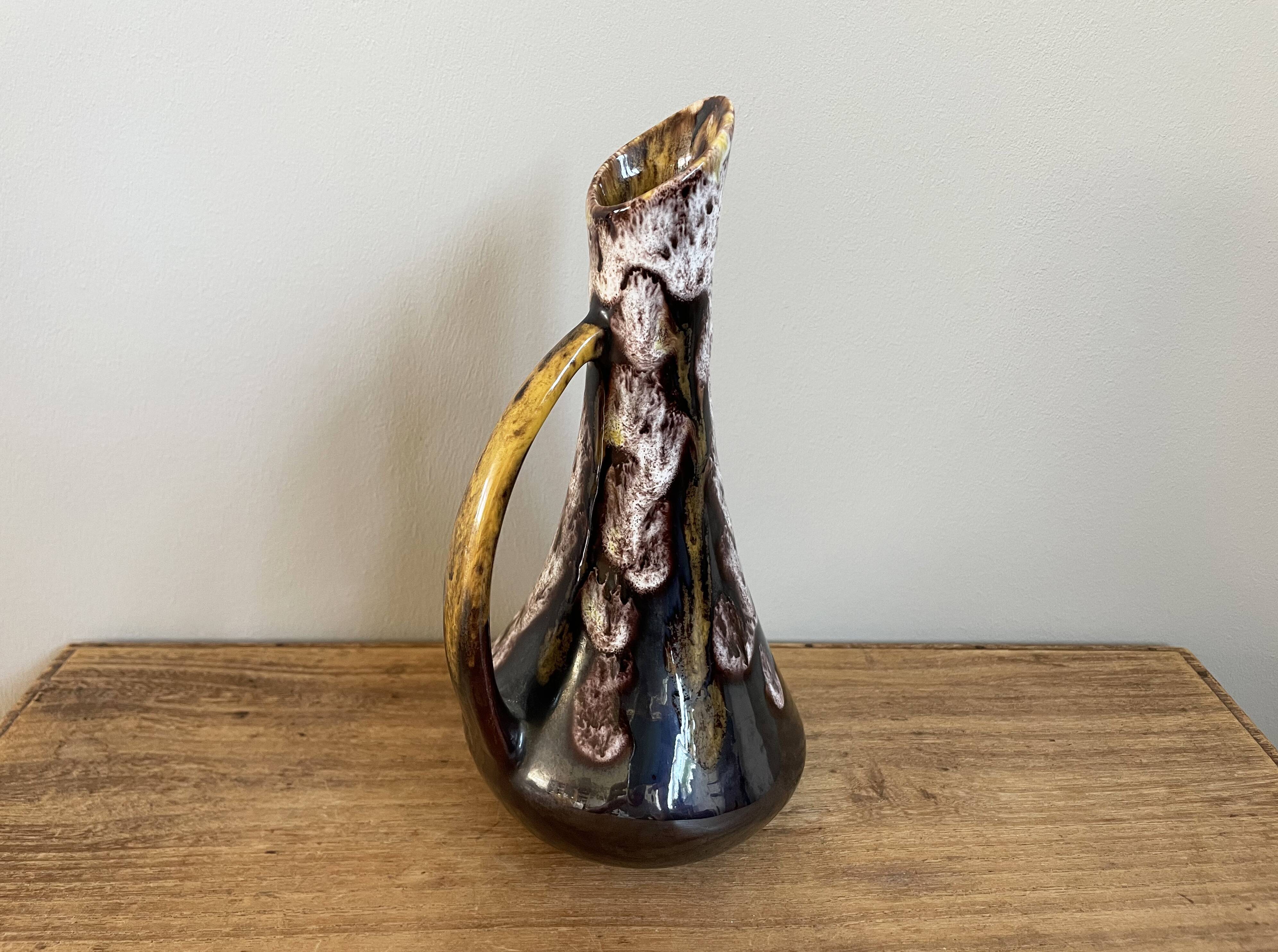 Fat lava style vase with handle, victory, purple, yellow & black drip glaze