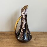 Vase de style fat lave avec poignée, victoire, glaçage goutte à goutte violet, jaune et noir