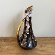 Fat lava style vase with handle, victory, purple, yellow & black drip glaze