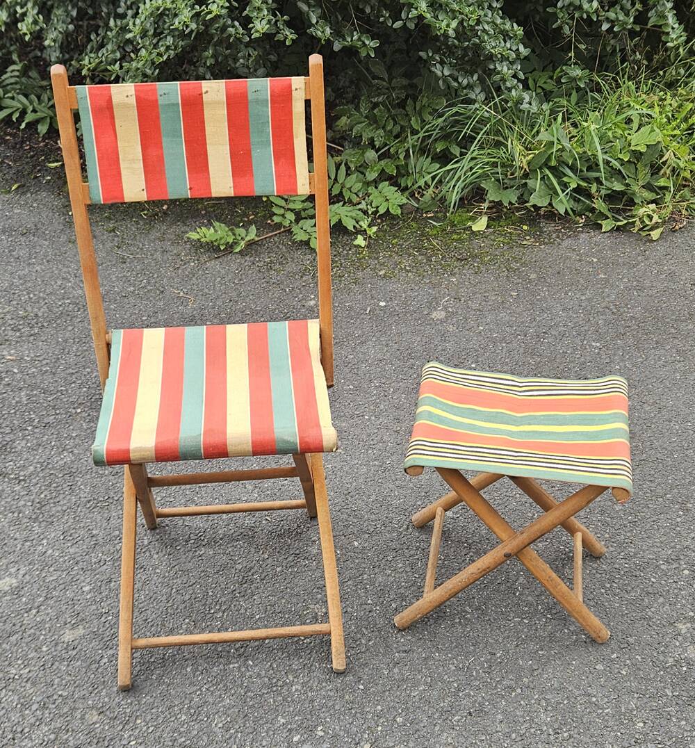 Folding canvas chair with stool, 1950s.
