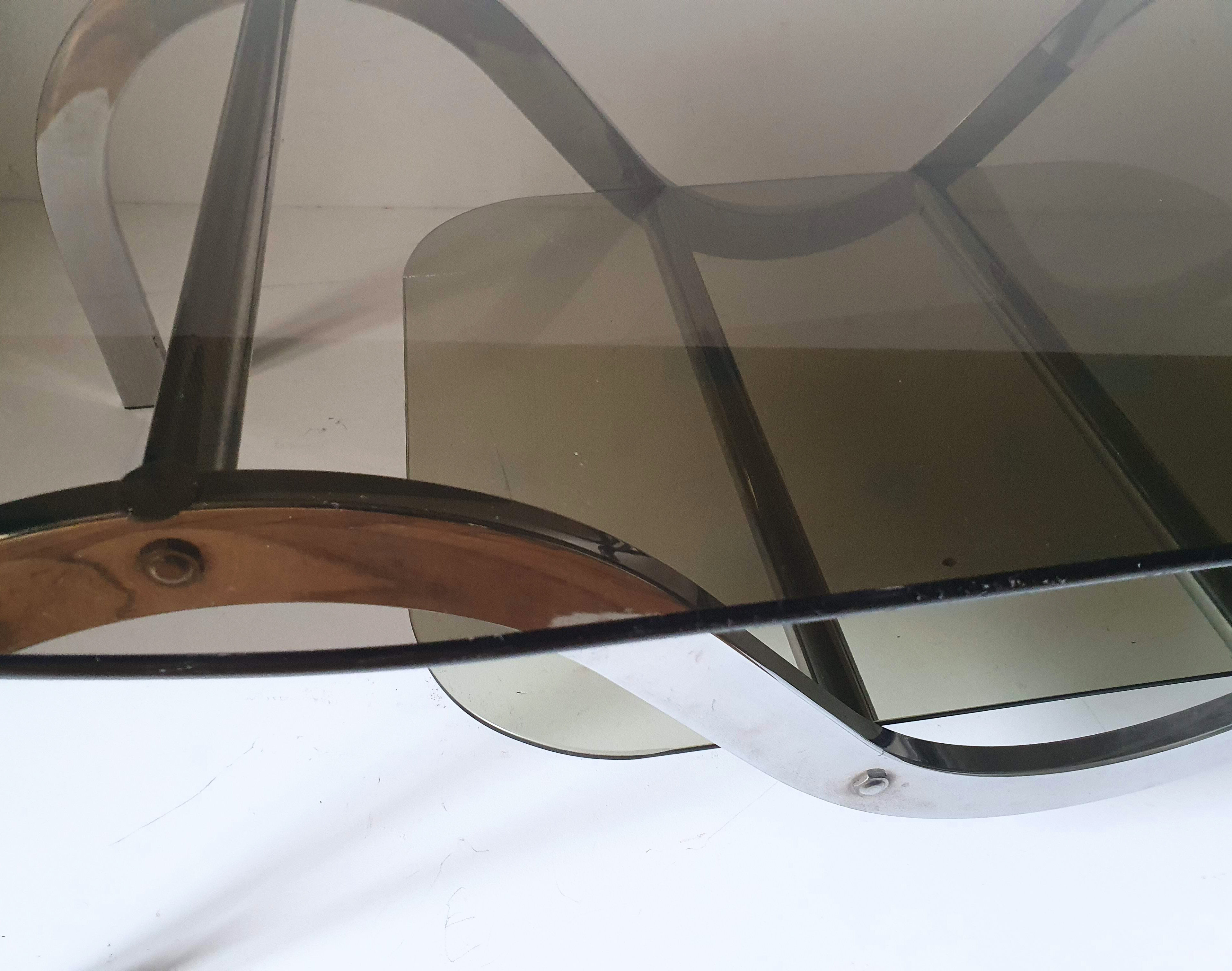 Coffee table chrome metal and smoked glass 70s
