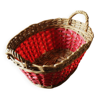 Red oval plastic wicker basket with two handles vintage