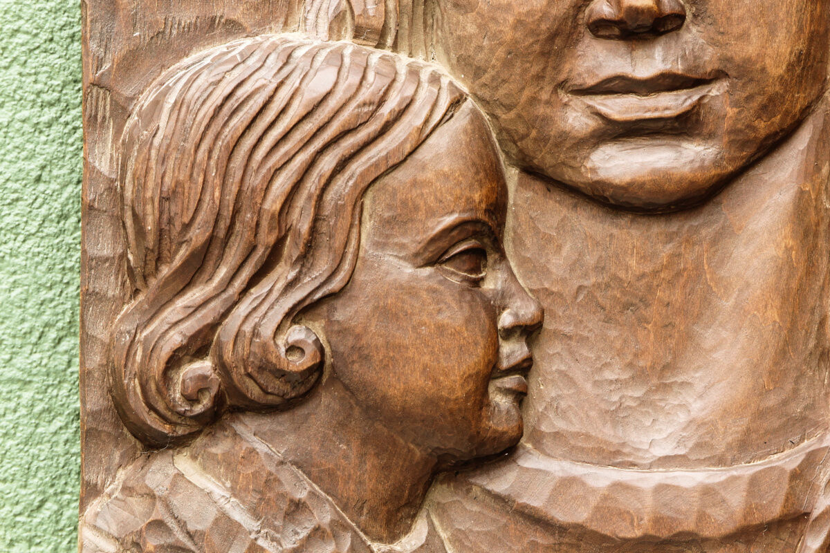 Modernist bas-relief, Virgin and Child, carved wood, signed