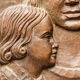 Modernist bas-relief, Virgin and Child, carved wood, signed