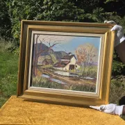 Vintage Oil Landscape Painting - Impasto Barn Scene