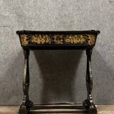 Lacquered work table, blackened wood decorated with Chinese scenes, Napoleon III period circa 1850