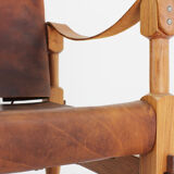 Vintage brutalist wood and cognac leather safari armchair, 1960s
