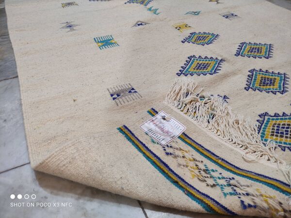 tapis Blanc Et Bleu, tapis Berbère En Pure Laine, tapis Béni Ourain Fait À La Main