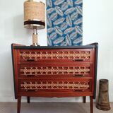 Commode teck et rotin pieds compas