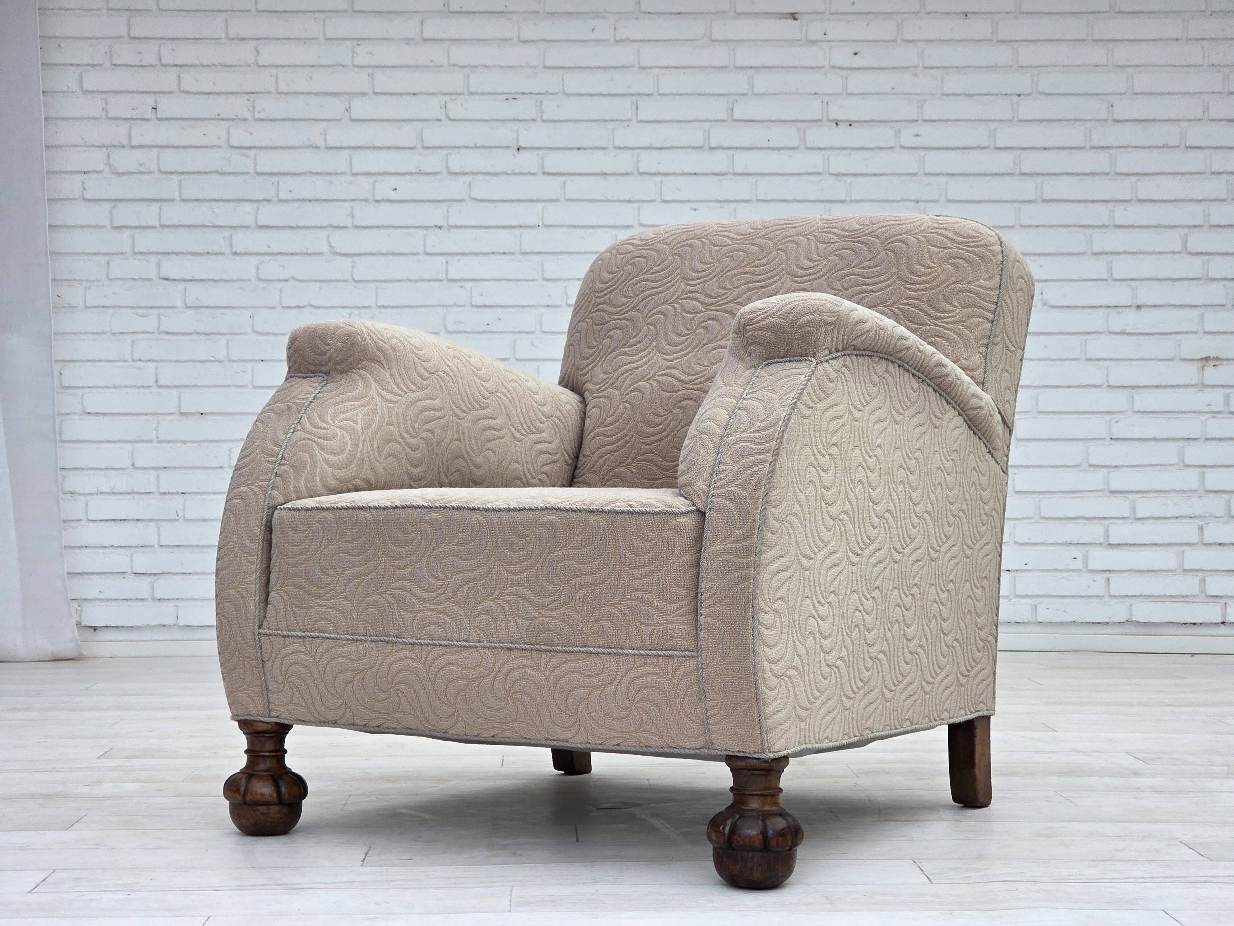 1950s, Danish artdeco armchair, furniture wool, oak wood legs.