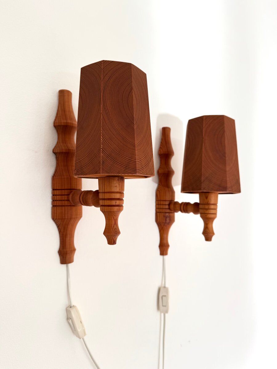 Vintage Swedish wall sconces in pine, 1970s, set of 2
