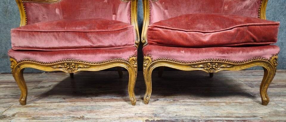Pair of cabriolet armchairs in Louis XV style – Carved wood – Pink velvet –