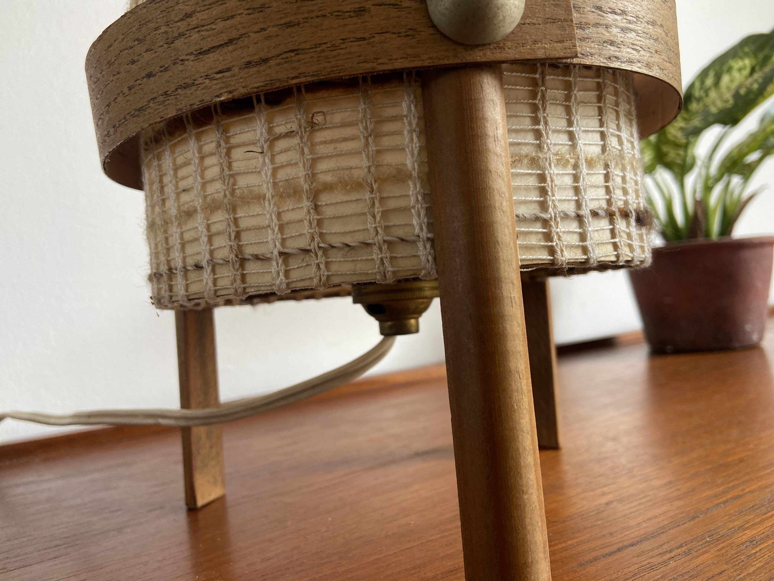 Vintage handcrafted lamp in woven wool and wood veneer