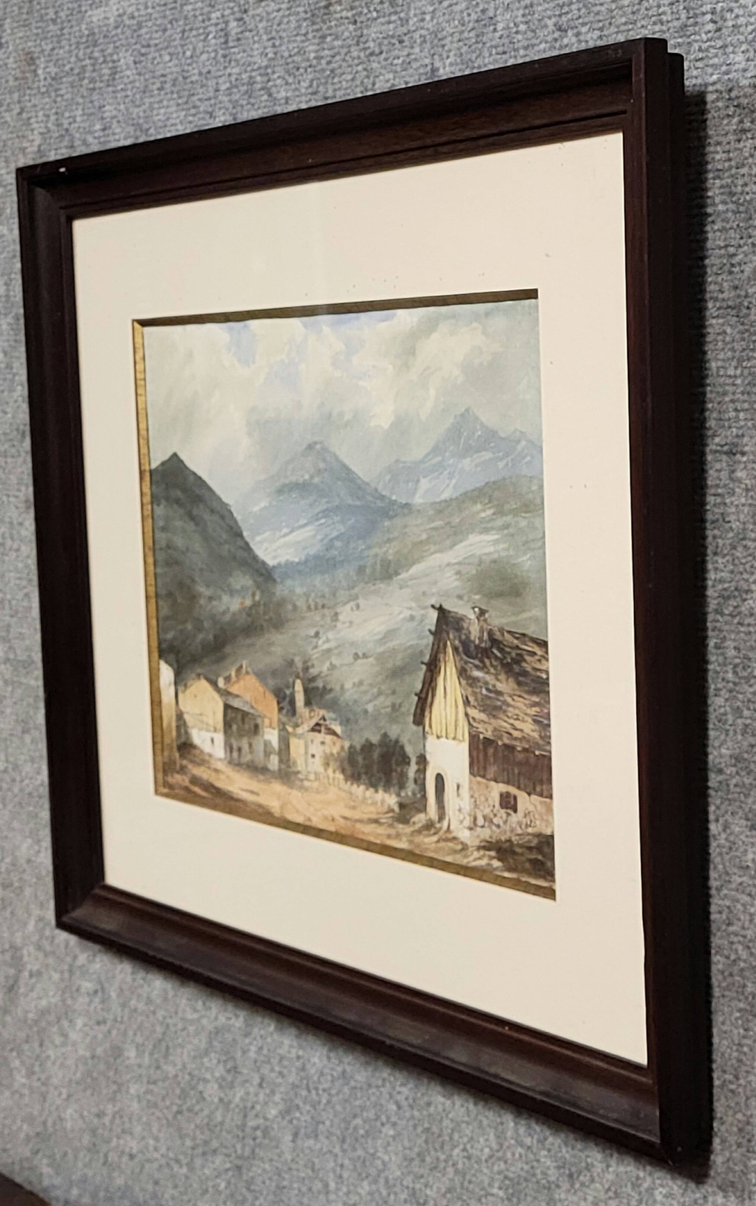 Charming late 19th-century watercolor depicting a peaceful mountain village