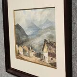 Charming late 19th-century watercolor depicting a peaceful mountain village