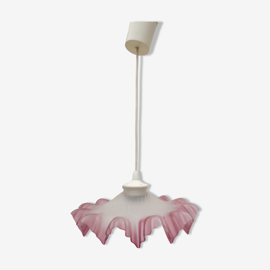 Ancienne suspension avec abat-jour verre givré rose parme | Selency