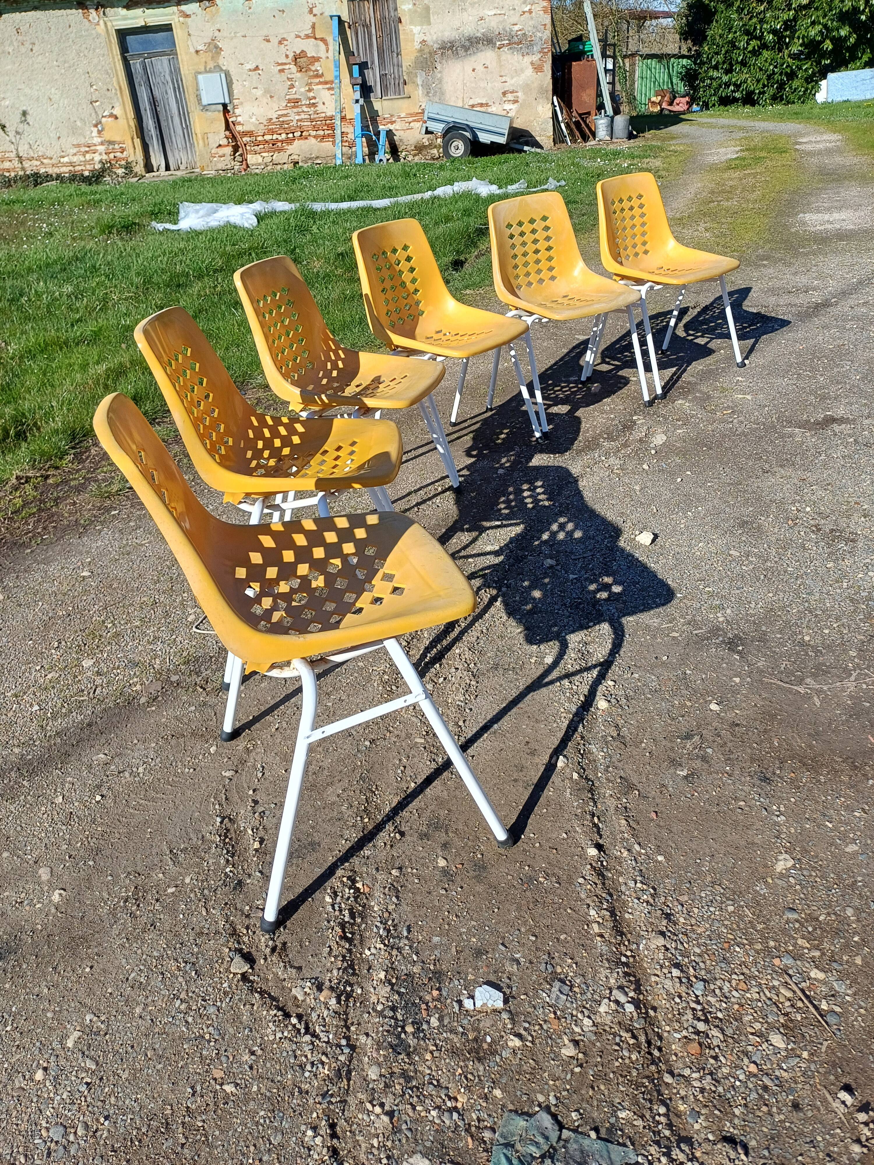 6 vintage iron and orange plastic garden chairs