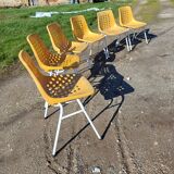 6 vintage iron and orange plastic garden chairs