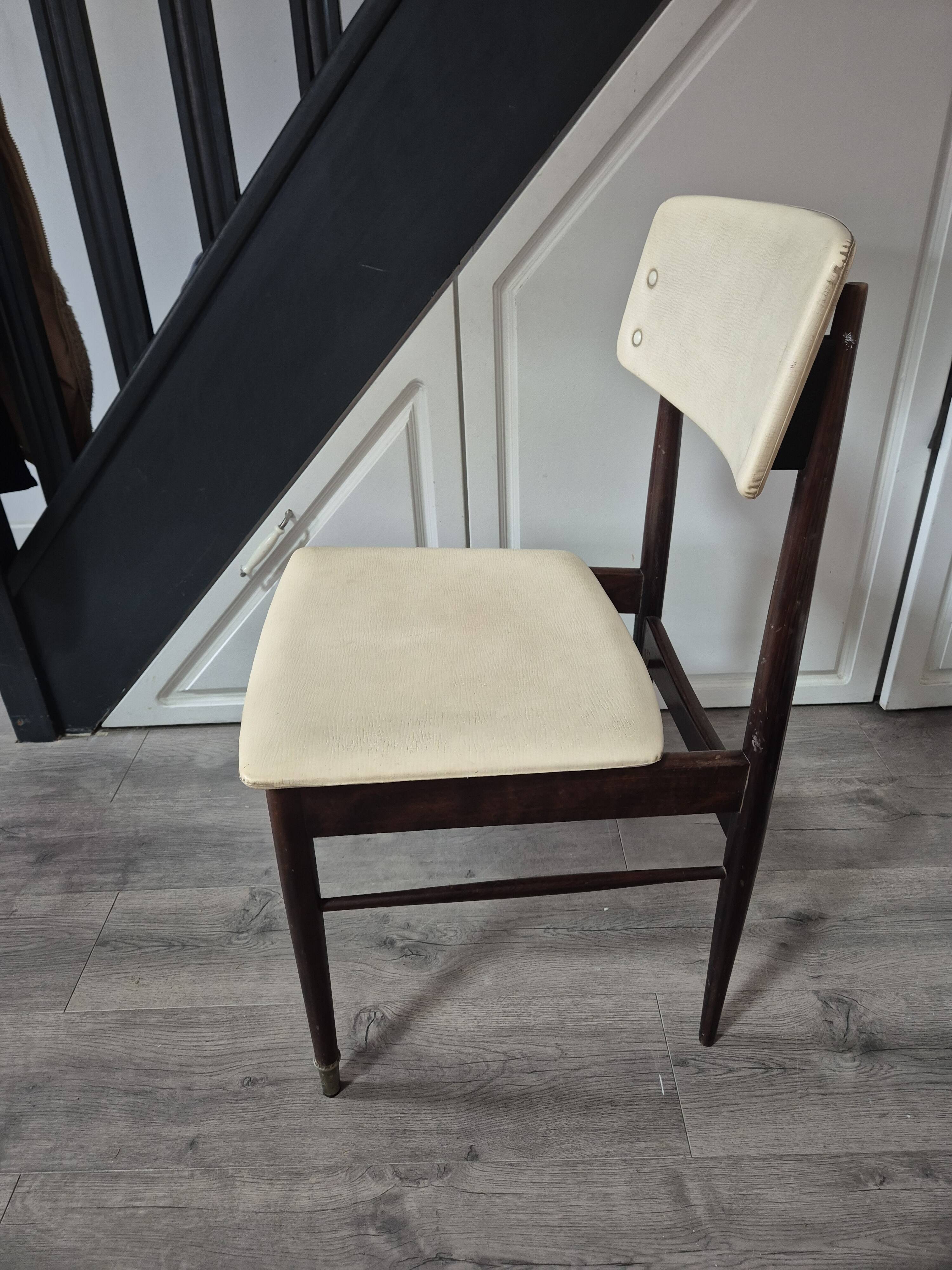 vintage chair wooden frame compass foot with metal on the front backrest and ecru leather seat