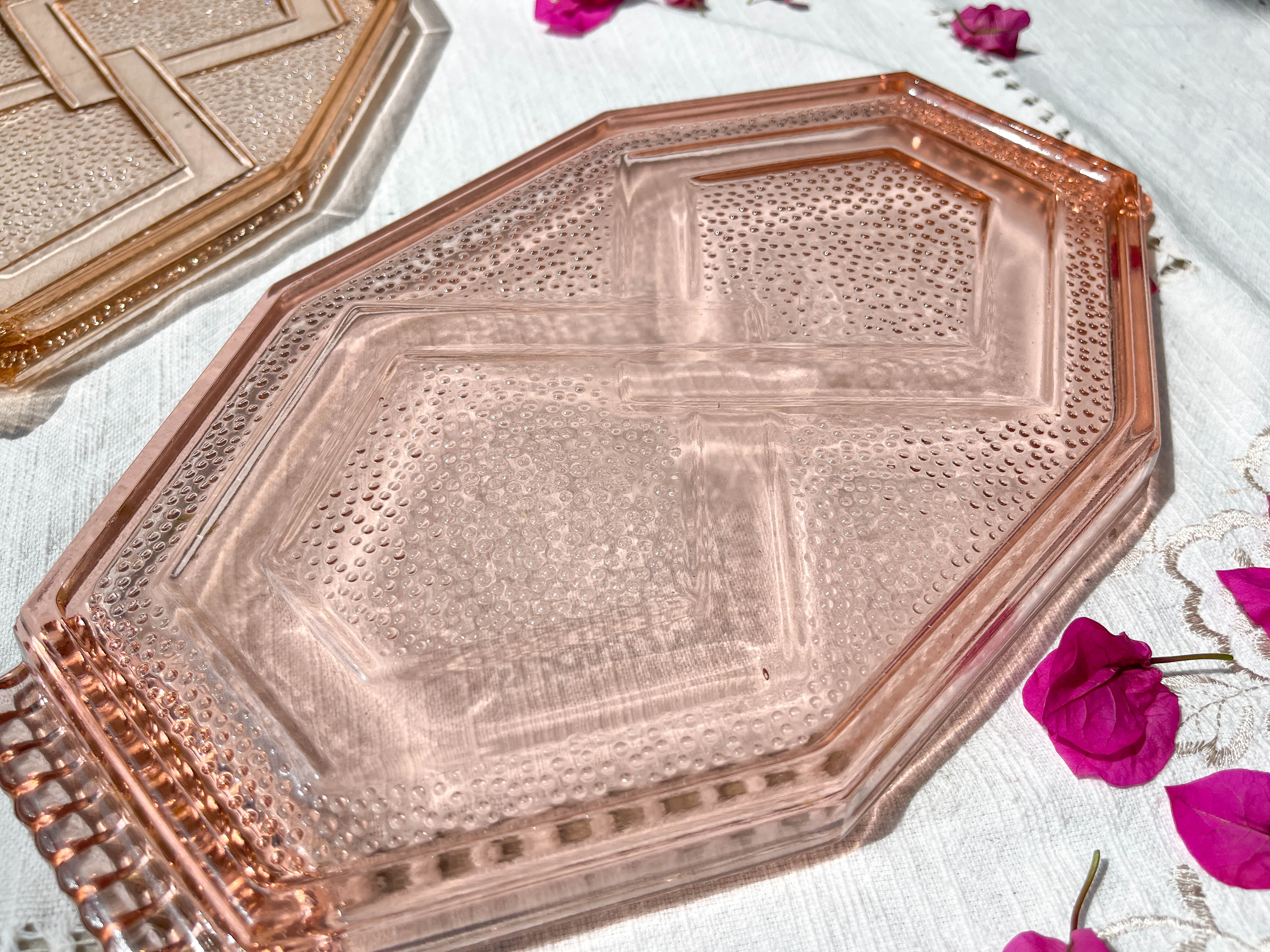 Small art deco pink glass serving trays