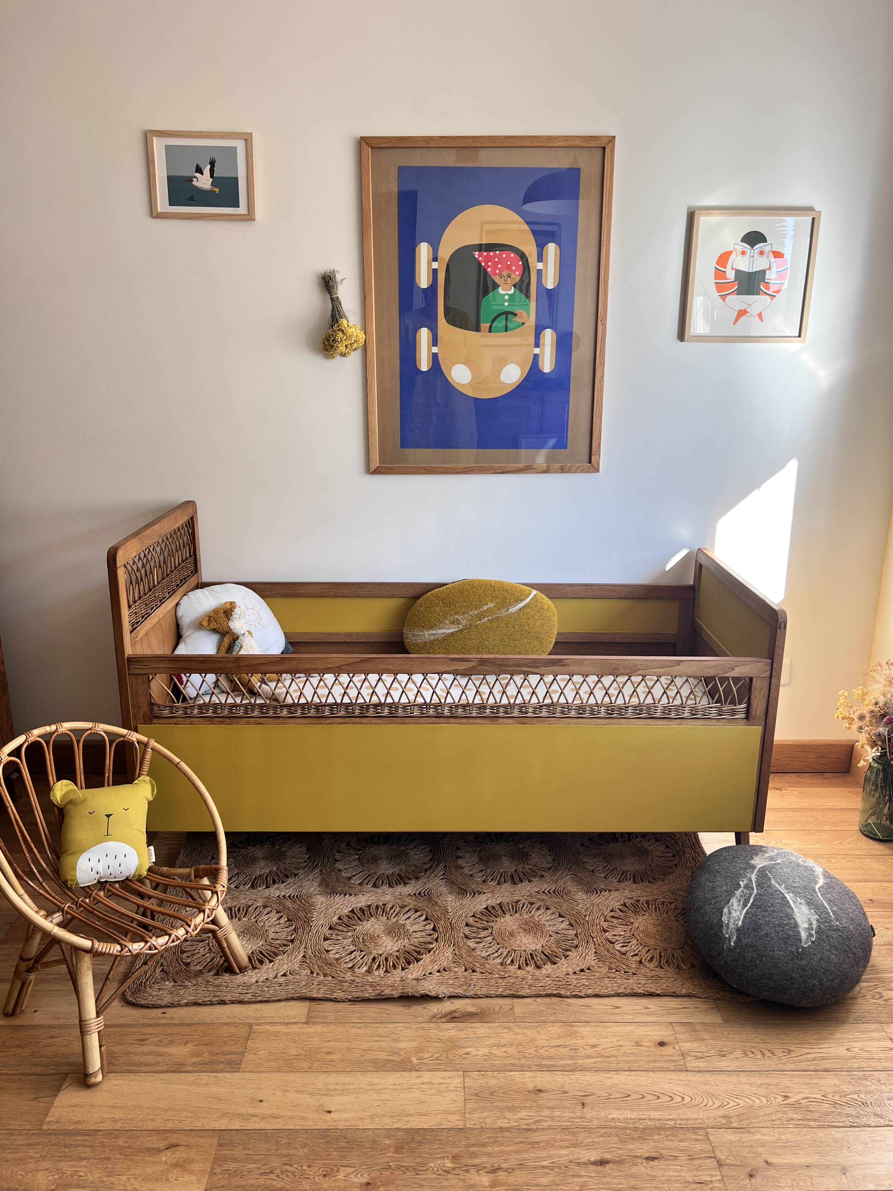 Vintage rattan and wood baby bed