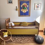 Vintage rattan and wood baby bed