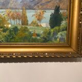 Old painting, landscape of a Swiss lake, signed A Bezencon, dated 1921