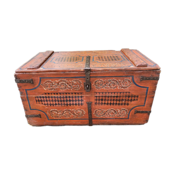 Coffre de mariage ancien en bois peint XIXème