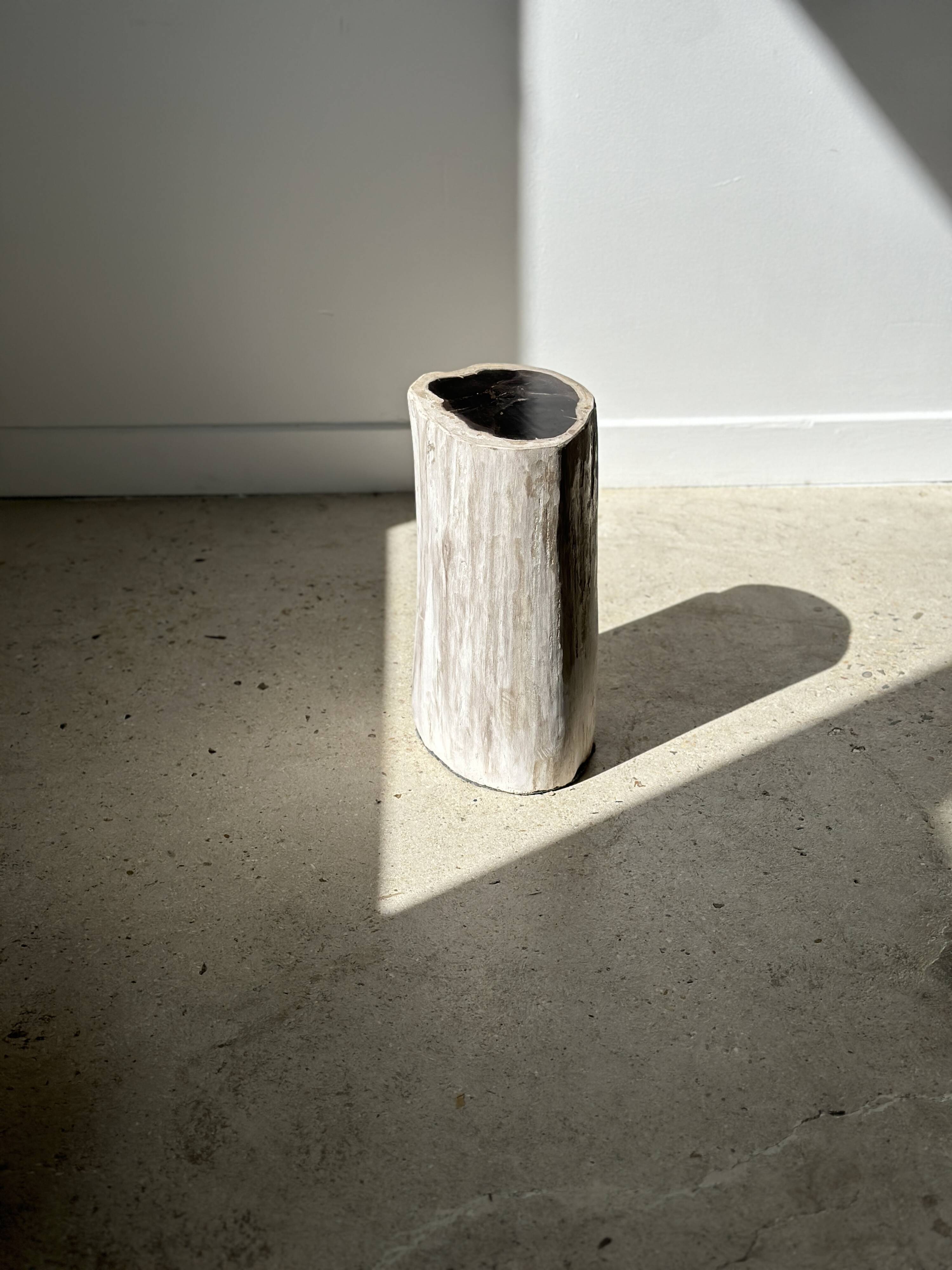 Petrified wood side table white tower black heart H:36cm D:17cm